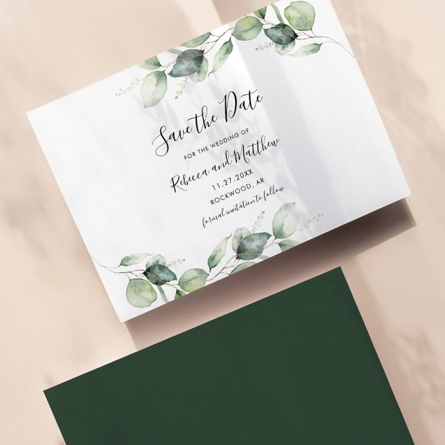 Eukalyptus-Blätter Botanische Hochzeit Save The Date (Eucalyptus Greenery Save the Date Script Wedding Announcement Card)