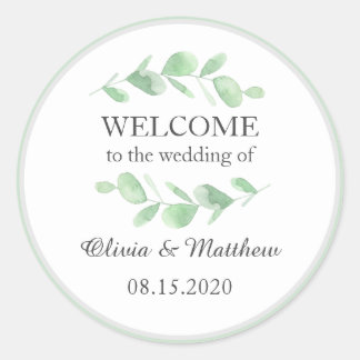 Eukalyptus-Blätter. Einfache Hochzeit im Wald Will Runder Aufkleber