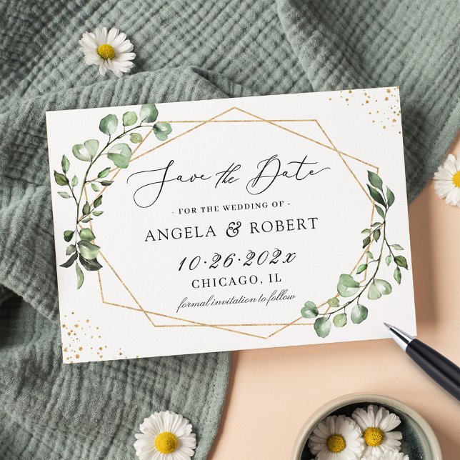 Eukalyptus-Blätter für moderne geometrische Grünfl Save The Date (Von Creator hochgeladen)