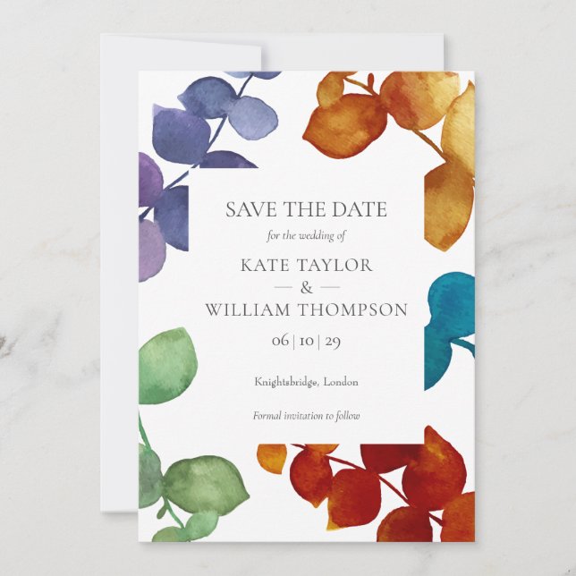 Eukalyptus-Blätter für Wälder Save the Date floral (Vorderseite)