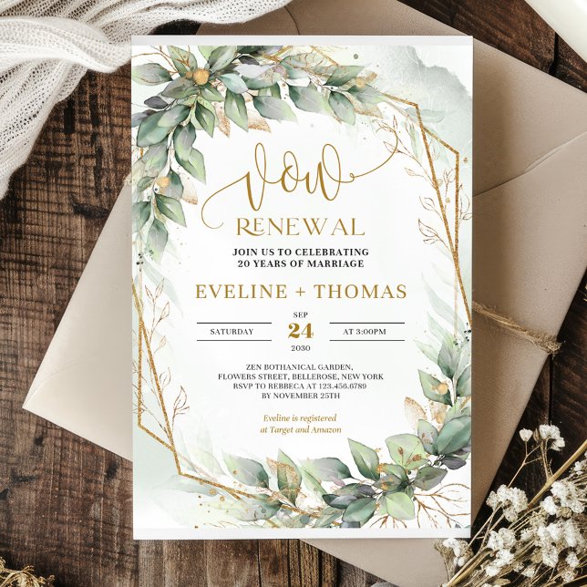 Eukalyptus-Blätter für Wasserfarben und Verlängeru Einladung (Watercolor eucalyptus leaves and gold vow renewal invitation template)