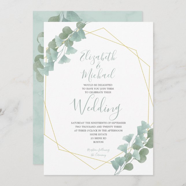 Eukalyptus Blätter Geometric Summer Elegante Weddi Einladung (Vorne/Hinten)
