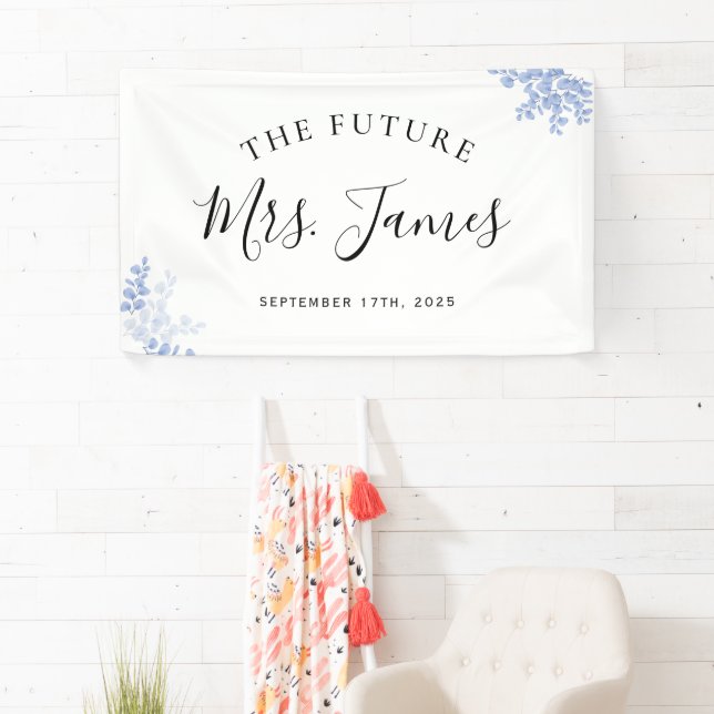 Eukalyptus Blätter Gold Dusty Blue Wedding Party Banner (Insitu)