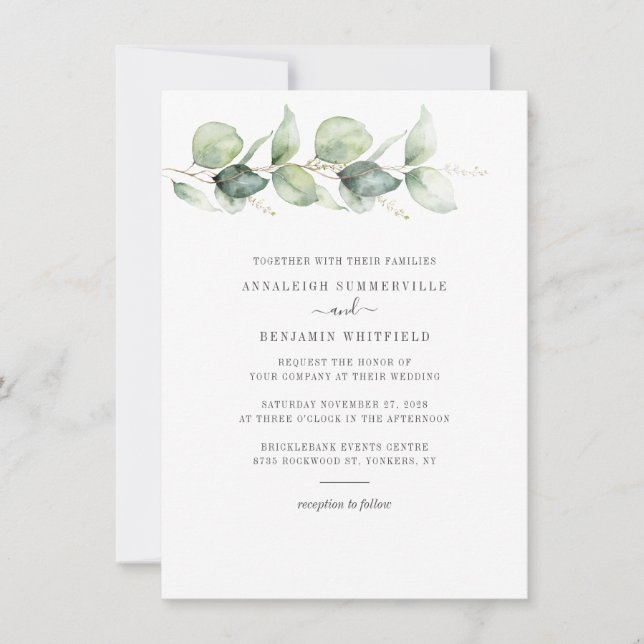 Eukalyptus-Blätter Grüne Hochzeit Einladung (Vorderseite)