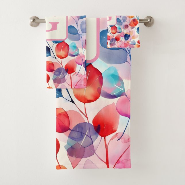 Eukalyptus-Blätter in Farbtönen, monogramm Badhandtuch Set (Insitu)