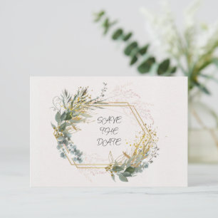 Eukalyptus-Blätter mit Goldakzenten und Rahmen Save The Date