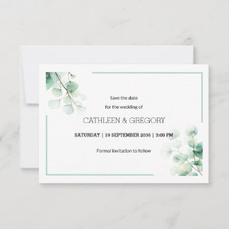 Eukalyptus-Blätter mit naturfarbenem Wasser Hochze Save The Date