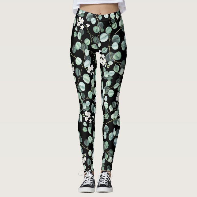 Eukalyptus-Blätter: Muster für weiße Blume Leggings (Vorderseite)