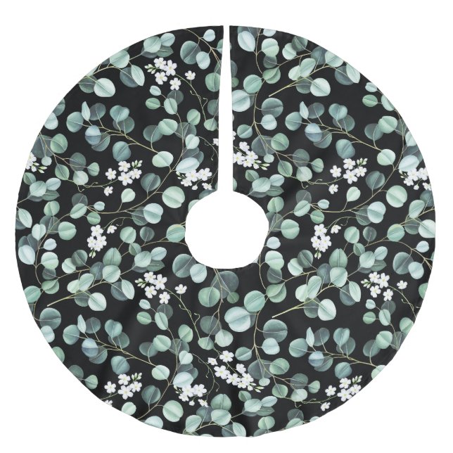 Eukalyptus-Blätter: Muster für weiße Blume Polyester Weihnachtsbaumdecke (Vorderseite)