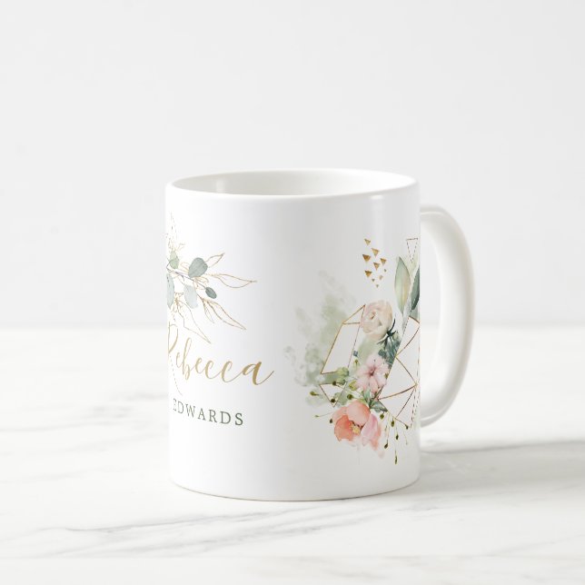 Eukalyptus-Blätter, Rose, Goldrahmen, Ihr Name Kaffeetasse (VorderseiteRechts)