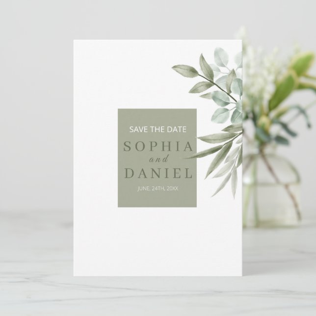 Eukalyptus-Blätter Save the Date Minimalistisch (Stehend Vorderseite)