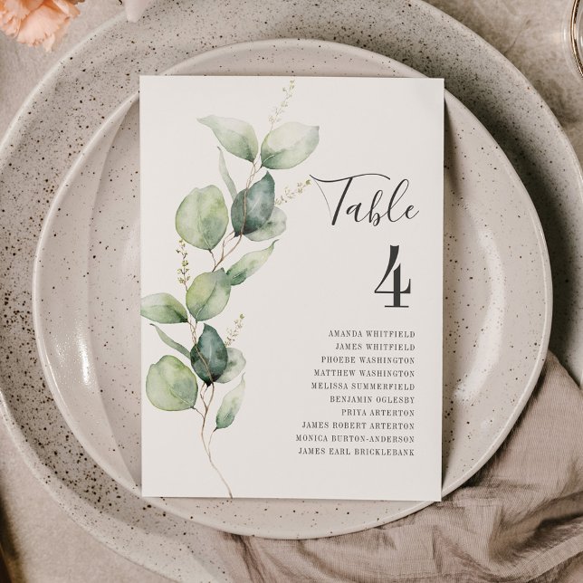 Eukalyptus-Blätter Tischnummer 4 Hochzeitssitze (Eucalyptus Script Wedding Table Number Card)
