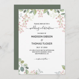Eukalyptus-Blätter und rosa Blume Hochzeiten Einladung
