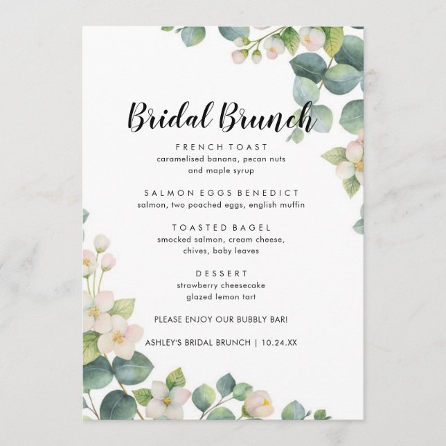 Eukalyptus Bloom Boho Bridal Brunch Menü Menükarte (Vorderseite)
