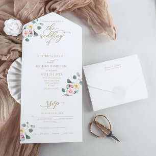 Eukalyptus-Blumen-Kalligrafie-Hochzeit All In One Einladung