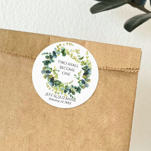 Eukalyptus-Blumenkranz Zwei werden Eins Hochzeit Runder Aufkleber