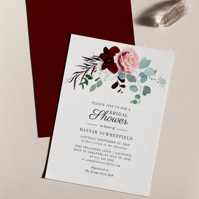 Eukalyptus-Blütendusche Einladung Briefpapier (Burgundy Pink Floral Script Bridal Shower Invitation)