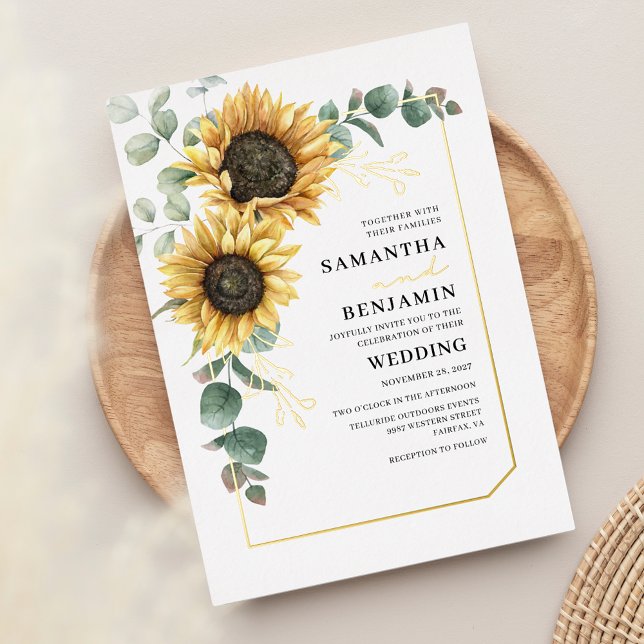 Eukalyptus-Blütengrün Hochzeit Folieneinladung (Floral Sunflower Eucalyptus Wedding Gold Foil Invitation)