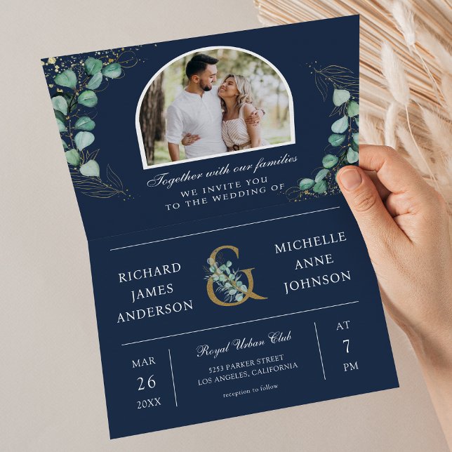 Eukalyptus Bogen Foto Navy Blau QR Code Hochzeit Einladung (Von Creator hochgeladen)