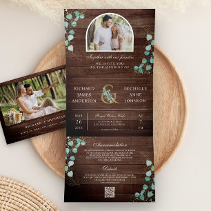 Eukalyptus-Bogen-Foto-Rustikal-Hochzeit mit QR-Cod Dreifach Gefaltete Einladung