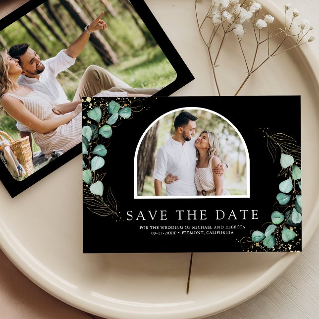 Eukalyptus-Bogen-Foto-Schwarze Hochzeit Save The Date (Von Creator hochgeladen)