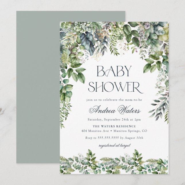 Eukalyptus Botanical Baby Dusche Einladung (Vorne/Hinten)