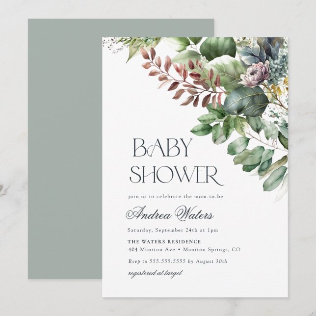 Eukalyptus Botanical Baby Dusche Einladung (Vorne/Hinten)