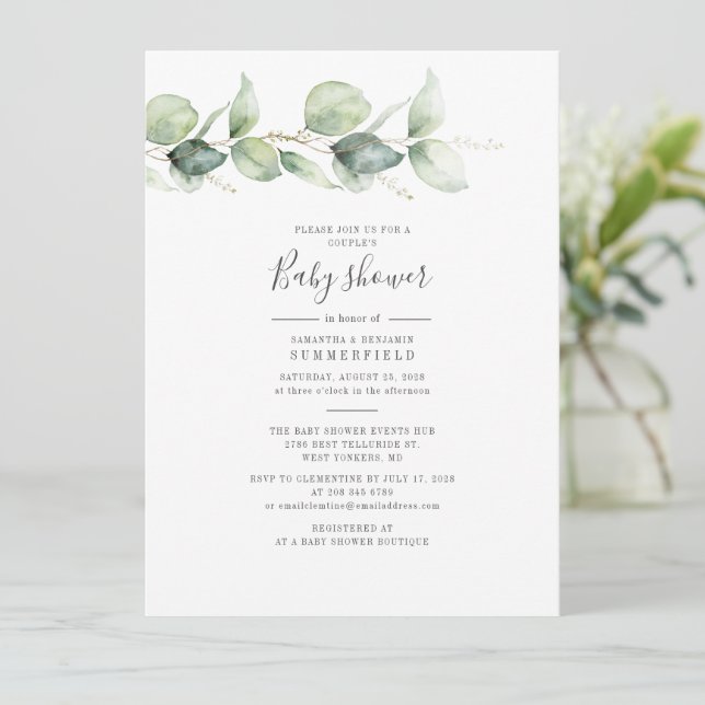 Eukalyptus Botanical Couple's Baby Shower Elegant Einladung (Stehend Vorderseite)