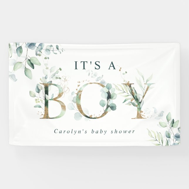 Eukalyptus Botanical Gold Letter Boy Baby Shoounte Banner (Horizontal)