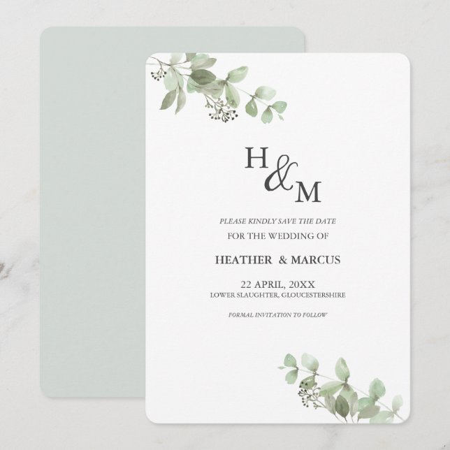 Eukalyptus Botanical Green Hochzeit S Save The Date (Vorne/Hinten)