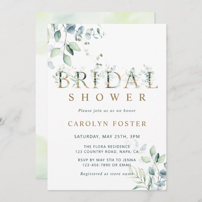 Eukalyptus Botanical Letter Gold-Brautparty Einladung (Vorne/Hinten)