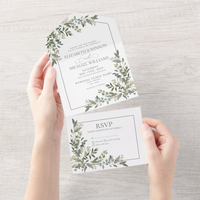 Eukalyptus Botanical Sage Green Script Wedding All In One Einladung (Abreißen)