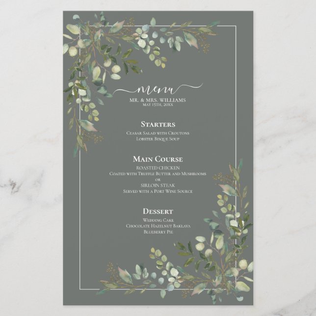 Eukalyptus Botanical Sage Green Wedding Menu (Vorderseite)