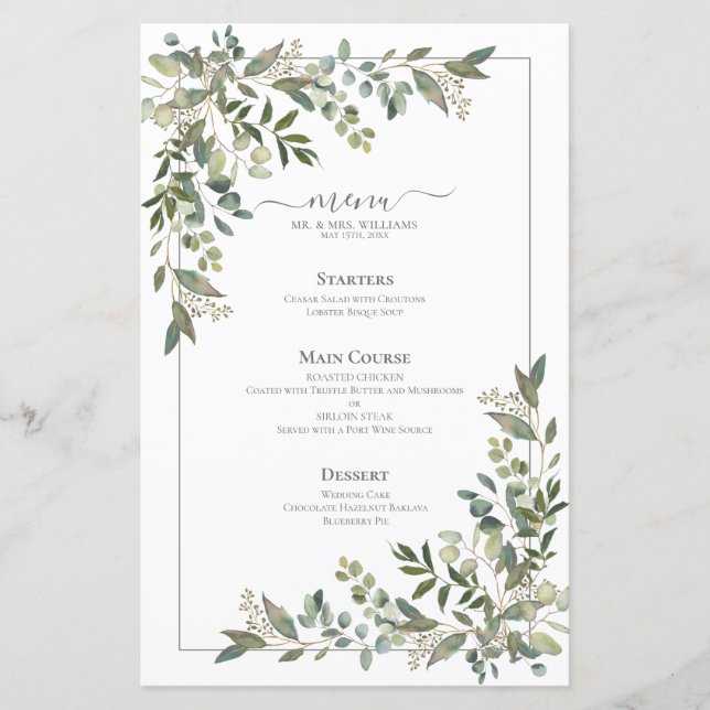 Eukalyptus Botanical Sage Green Wedding Menu (Vorderseite)