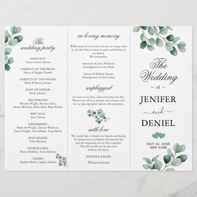 Eukalyptus Botanische Grünanlage Hochzeitsprogramm (Vorderseite)
