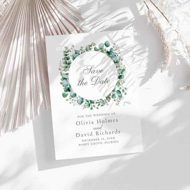 Eukalyptus Botanische Hochzeit Save The Date (Modern Greenery Eucalyptus Botanical Wedding Save The Date on a sunny white table.)