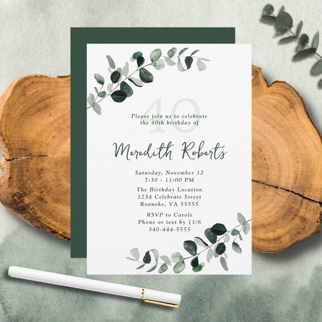 Eukalyptus Botanische Vegetation 40. Geburtstag Einladung (Eucalyptus Botanical Greenery Nature-Inspired 40th Birthday Party Invitation)