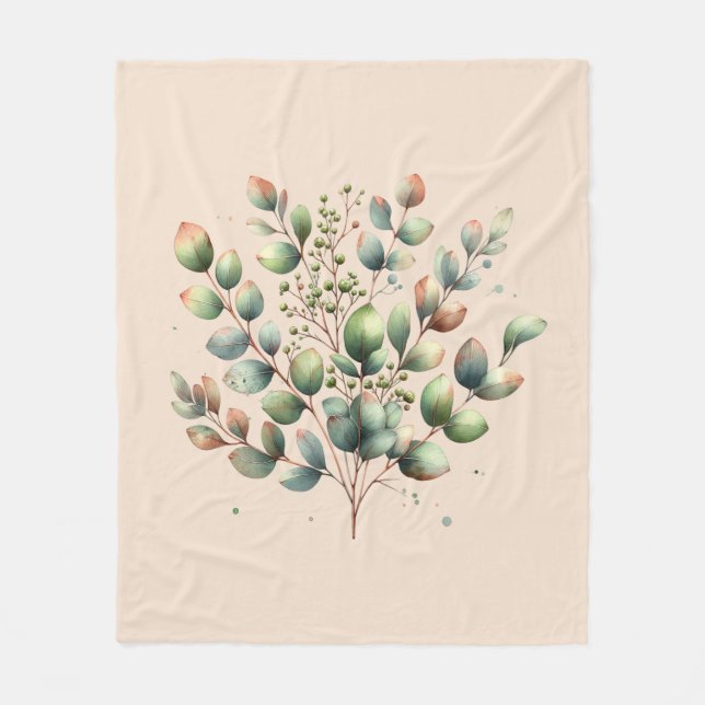 Eukalyptus botanischer Aquarellcreme Fleecedecke (Vorderseite)