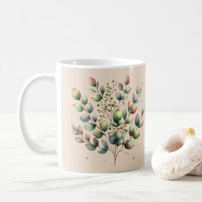 Eukalyptus botanischer Aquarellcreme Kaffeetasse (Mit Donut)