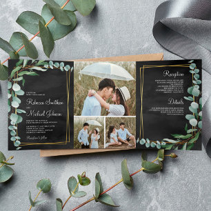 Eukalyptus Branch Black Gold Foto Collage Wedding Dreifach Gefaltete Einladung