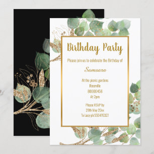 Eukalyptus Branch Green Gold Trim 2 Geburtstag Einladung