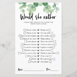 Eukalyptus Brautparty Game Wäre sie lieber