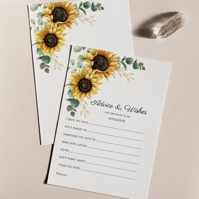 Eukalyptus-Brautparty-Informationskarte für Sonnen Briefpapier (Floral Watercolor Sunflower Eucalyptus Greenery Wedding Wishes and Advice Card)