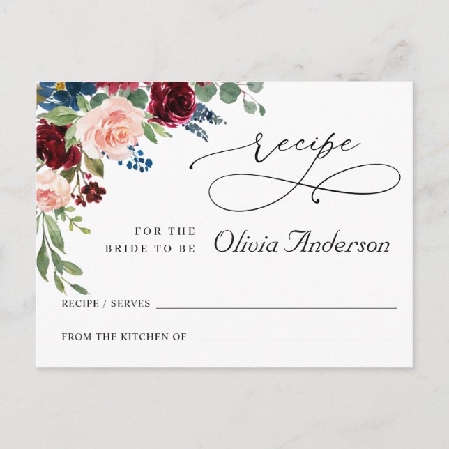 Eukalyptus-Brautparty-Rezept-Karte der Burgund-Nav Postkarte (Vorderseite)