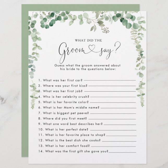 Eukalyptus-Brautparty Was hat der Groom gesagt? (Vorne/Hinten)
