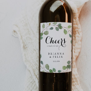 Eukalyptus Calligraphy Cheers Wedding Wine Labels Weinetikett
