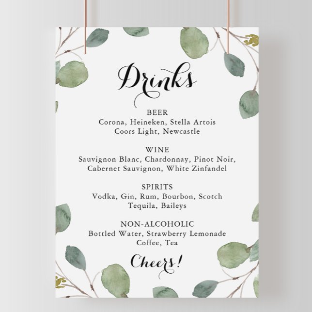 Eukalyptus Calligraphy Wedding Drinks Menu Sign Poster (Von Creator hochgeladen)