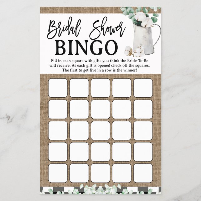 Eukalyptus Cotton Farmhouse Brautparty Bingo Flyer (Vorne)