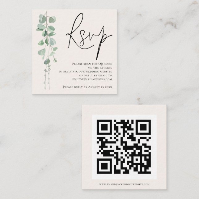 Eukalyptus Cream QR Code Wedding RSVP Begleitkarte (Vorne/Hinten)