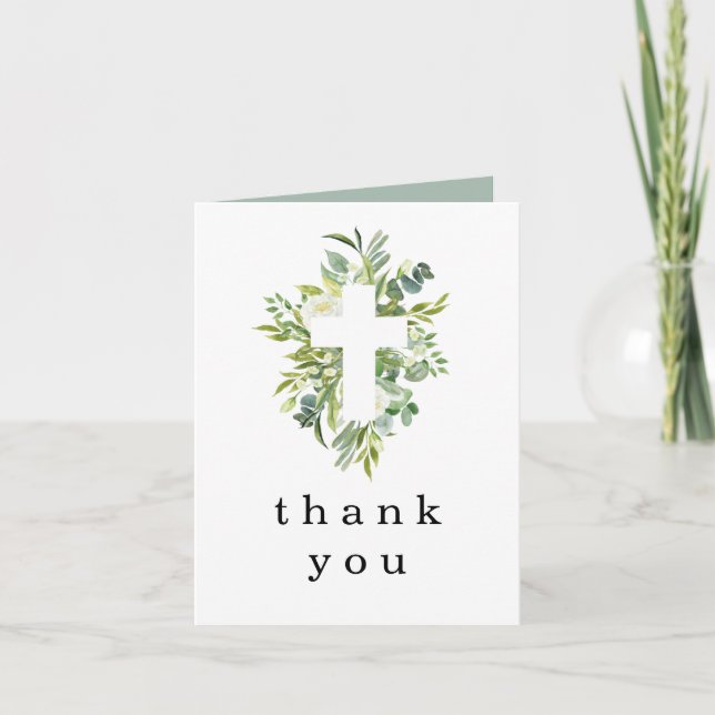 Eukalyptus Cross Taufe Christening Vielen Dank Einladung (Vorderseite)